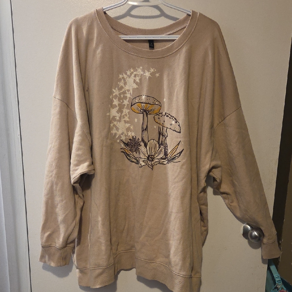 Crew Neck Mushroom Graphic Sweatshirt - Beige
